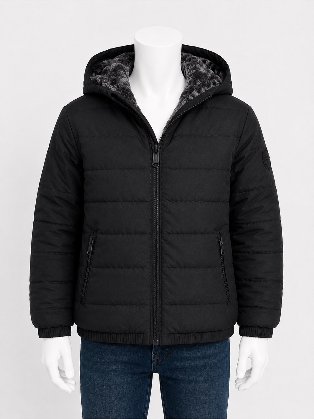 abercrombie kids Black Hooded Puffer Jacket with Faux-Fur Trim